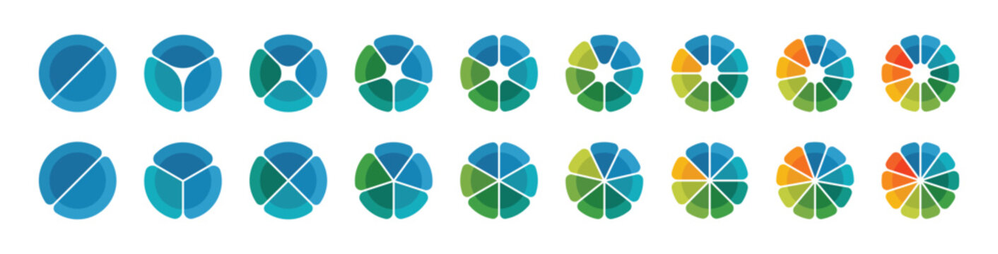 Circle pie chart diagram. Pie chart set. Colorful diagram collection with 2,3,4,5,6,7,8,9,10 sections or steps. Segment slice sign. Circle section graph. process cycle. Progress sectors.