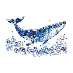 Premium Korean Najeon-chilgi style blue mother-of-pearl whale and waves illustration © springsullIllust