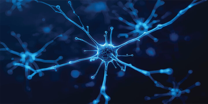 Abstract Glowing Blue Neuron Cell Network with Synapse Connections, Artificial Intelligence, Neural Communication, Medical Science Technology Background