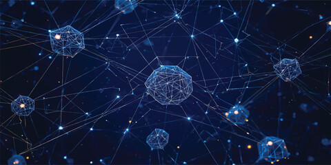 Abstract Polygon Network with Connected Wireframe Nodes, Artificial Intelligence, Blockchain, Big Data, Digital Technology Background ©  TechFlow Studio