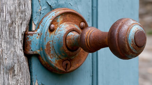 Rusty door knob on a weathered blue door, showcasing vintage charm and historical elegance.