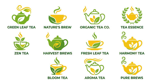 Organic tea brand logo templates with leaf motifs.