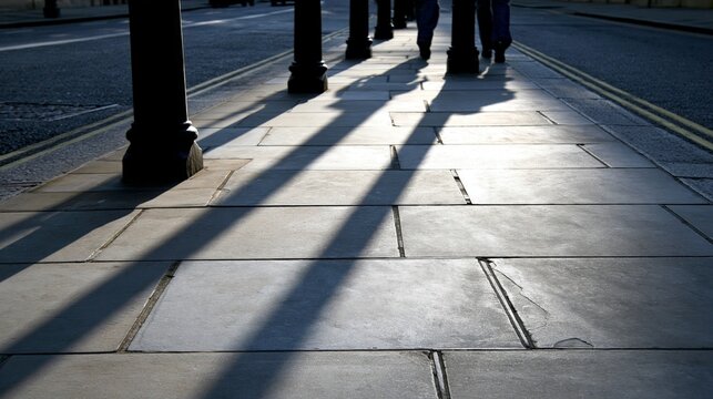 Shadows stretch across a sidewalk as people walk to their destinations in urban setting.