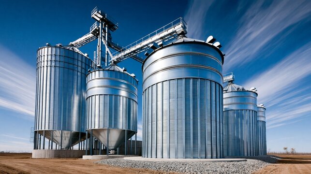 Shiny silos stand tall against a blue sky, showcasing modern agricultural technology.
