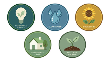 Fototapeta premium Set of five circular ecology and environmental sustainability badges.