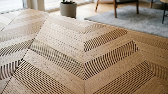 Close-up of modern light wood parquet flooring with a geometric chevron pattern and engraved lines, showcasing contemporary interior design and craftsmanship, Professional Commercial Photography
