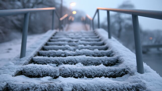 Snow-covered stairs leading into a serene winter landscape, creating a tranquil atmosphere.