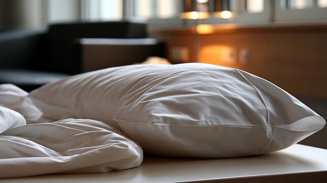 Soft white pillows resting on a table in a cozy, warmly lit room.
