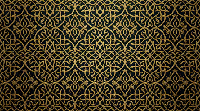 Intricate golden Islamic geometric pattern on a dark background. Elegant seamless vector texture for luxury wallpaper and textile design.