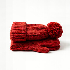 Fototapeta premium Cozy red knitted winter hat and mittens set with winter wear, winter clothes