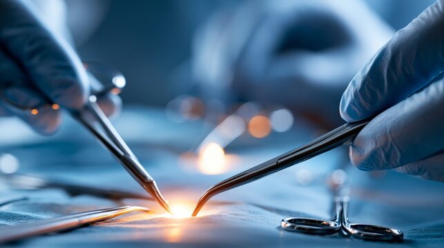 Surgeon performing intricate procedure in modern operating room with advanced tools.