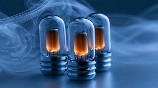 Three glowing vacuum tubes emitting warm light surrounded by mist in a sleek, modern design.