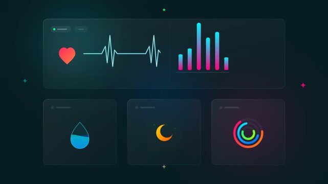 Futuristic medical dashboard with heart rate monitor, digital health tracking interface, biometric data visualization for healthcare apps