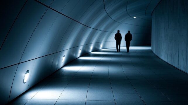 Two silhouettes walking in a dimly lit tunnel, showcasing modern architectural design.