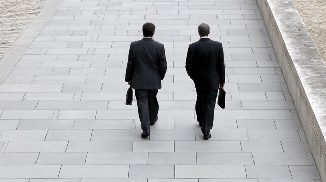 Two professionals walking together on a paved pathway for collaboration and networking.
