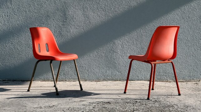 Two vibrant red chairs against a textured wall, creating a striking visual contrast.