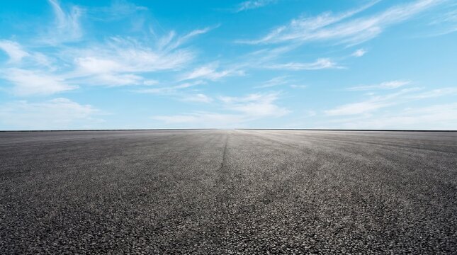 Empty asphalt race track perspective view stretching to horizon under bright blue sky with light clouds.