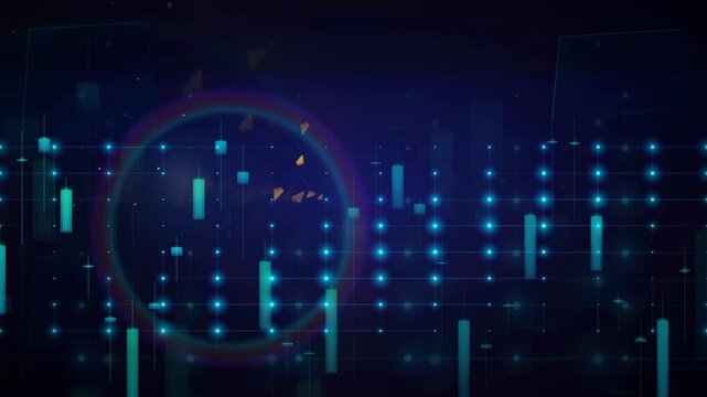 Abstract Digital Financial Data Visualization with Glowing Blue Charts and Dynamic Network Interface Elements