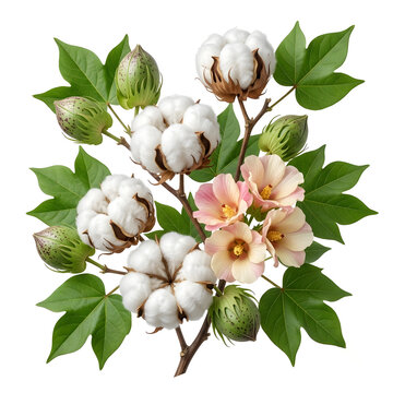 Cotton plant branches with white bolls green buds and pink flowers image photo