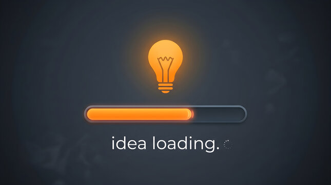 A glowing light bulb above a loading bar with the text idea loading on a dark background. Perfect for creativity and innovation concepts.