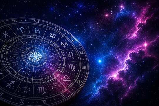 Astrology zodiac wheel chart superimposed over vibrant nebula and starry sky.