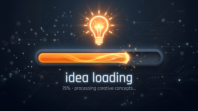 A glowing lightbulb above an orange progress bar with sparks and the text idea loading on a dark background. Perfect for business strategy and innovation concepts.
