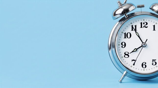 Classic silver alarm clock on light blue background with copy space