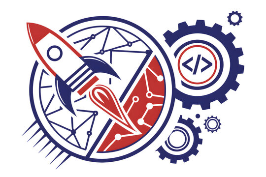 Technology startup concept illustration with rocket ship launch and coding gears.