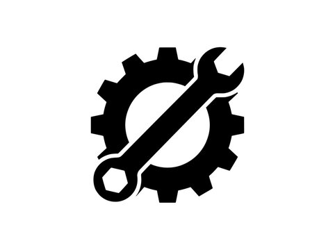 Industrial gear and wrench icon, mechanical repair and maintenance symbol, black technical service vector sign for engineering and hardware support
