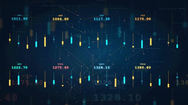 Abstract digital financial stock market data visualization with blue and gold candlestick charts