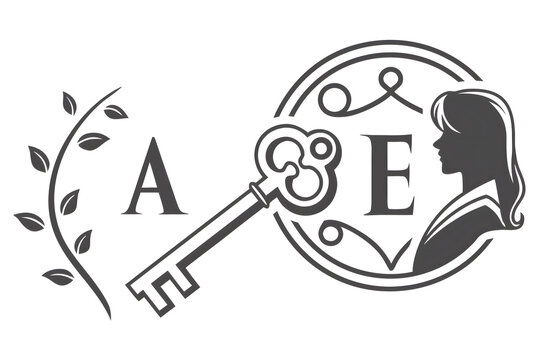 Stylized key, letters A and E, woman's profile and vine element in a circular emblem, conceptual design.