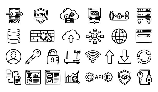 Internet Proxy Server VPN and Cloud Computing Doodle Vector Elements for Technology Design