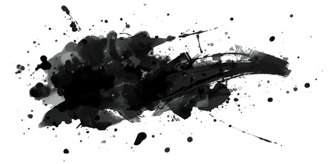 Fototapeta premium Black Ink Splat Grunge Background with Abstract Paint Splashes, Liquid Drips, Dirty Stains, Brush Texture and Vector Illustration Design Element.