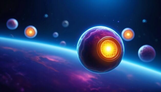 Glowing orbital sphere above planetary horizon