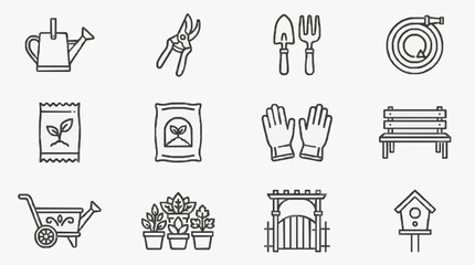 Obraz premium Dynamic Black and White Line Set of Gardening and Outdoor Tools Accessories and Elements with high quality professional line art symbols for modern creative design and digital branding projects