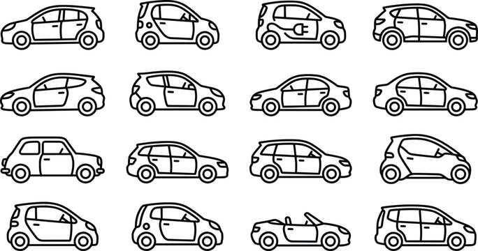 Car Body Style Line Icon Set Featuring Sedan Hatchback SUV Electric Car Coupe Convertible and Compact Smart Vehicles for Automotive Mobile App Designs