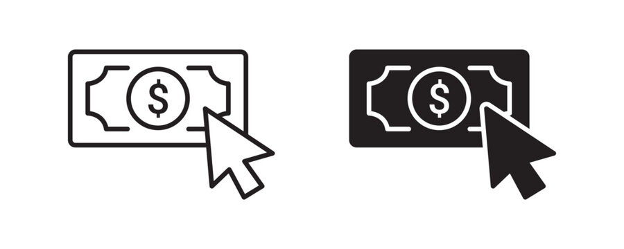 Pay Per Click Icon, Dollar Bill with Cursor, Digital Payment and Online Advertising Symbol in Outline and Solid Style, Vector Illustration