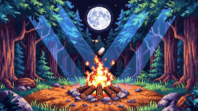 Pixel art campfire in forest with full moon shining through trees at night nature scenery