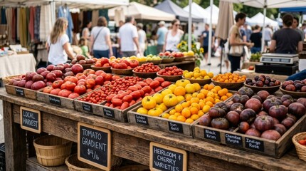 Obraz premium Neatly Arranged Tomatoes by Color and Size on a Wooden Market Table