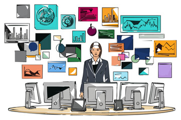 Fototapeta premium Modern professional businesswoman surrounded by colorful digital icons and office furniture, concept for remote work, corporate identity, and tech innovation in business presentations, marketing