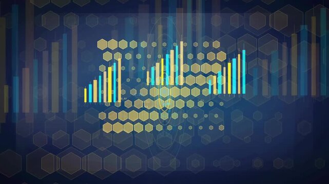 Abstract digital data visualization with glowing yellow and blue bars on a hexagonal grid background