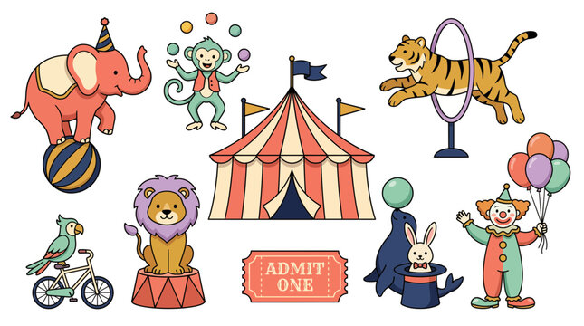 Cute cartoon circus collection featuring performing animals, big top tent and clown, illustrating fun children entertainment and creative party invitation vector graphics