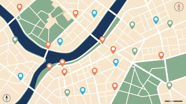 Top view abstract vector city map illustration with streets river parks and colorful location pin markers, illustrating urban navigation technology and destination route planning