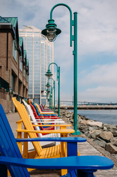 Colorful Adirondack chairs on the Halifax waterfront