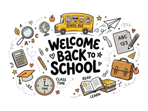 Hand drawn welcome back to school vector banner, cute doodle school bus and education supplies illustration, playful classroom learning background
