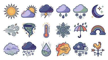 Obraz premium Colorful vector weather forecast icon set with sun cloud rain snow wind tornado thermometer rainbow, illustrating climate condition reporting, symbolizing meteorology graphics presentation