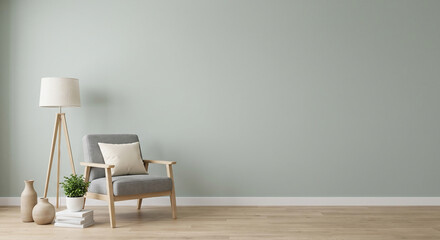 Minimalist living room interior featuring gray armchair beside tall tripod lamp near blank green wall with decorative ceramic vases light wood floor © Sanoor