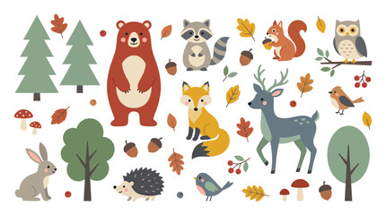 Obraz premium Cute forest woodland animals clip art set featuring bear fox deer raccoon owl rabbit squirrel hedgehog and autumn trees, illustrating nursery wall decor and children book design