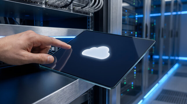 IT administrator touching glowing cloud icon on transparent glass tablet in server room, cloud computing, Futuristic data center and network management concept,