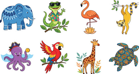Cute Tropical Wild Animals Vector Character Set Featuring Elephant Gecko Flamingo Lemur Pirate Octopus Parrot Giraffe and Sea Turtle © Raju
